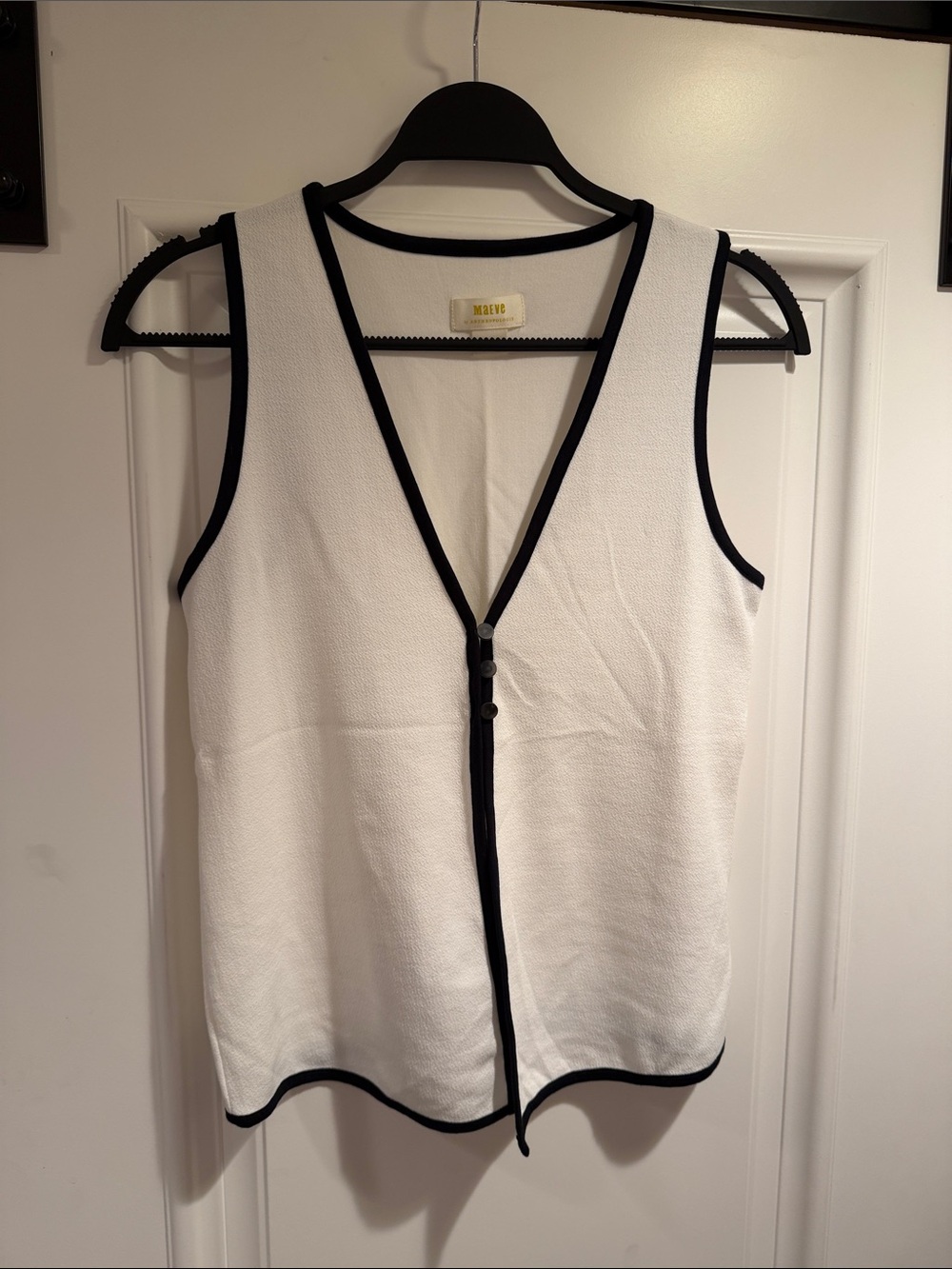 MAEVE White Sleeveless V-Neck Button Front Top with Black Trim